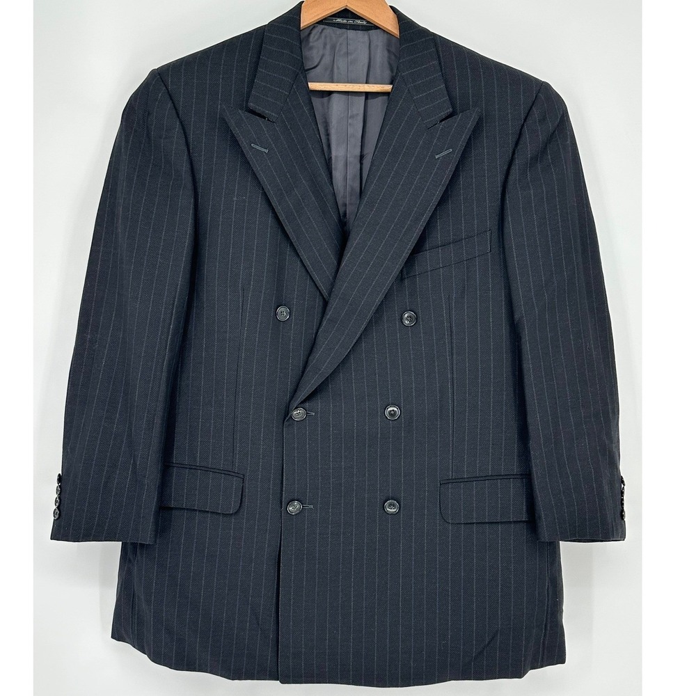 Ermenegildo Zegna Tindari Pinstripe Double Breasted Blazer Navy Blue Wool